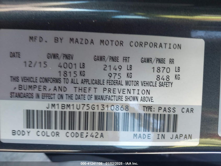 2016 MAZDA MAZDA3 VIN: JM1BM1U75G1310868