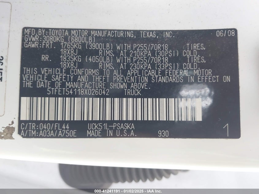 2008 TOYOTA TUNDRA VIN: 5TFET54118X026042