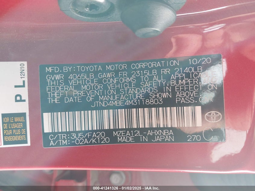VIN JTND4MBE4M3118803 2021 TOYOTA COROLLA SE