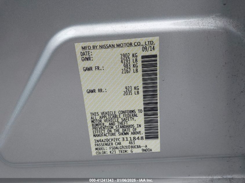 VIN 1N4AZ0CP2FC311848 2015 Nissan Leaf, SL no.9