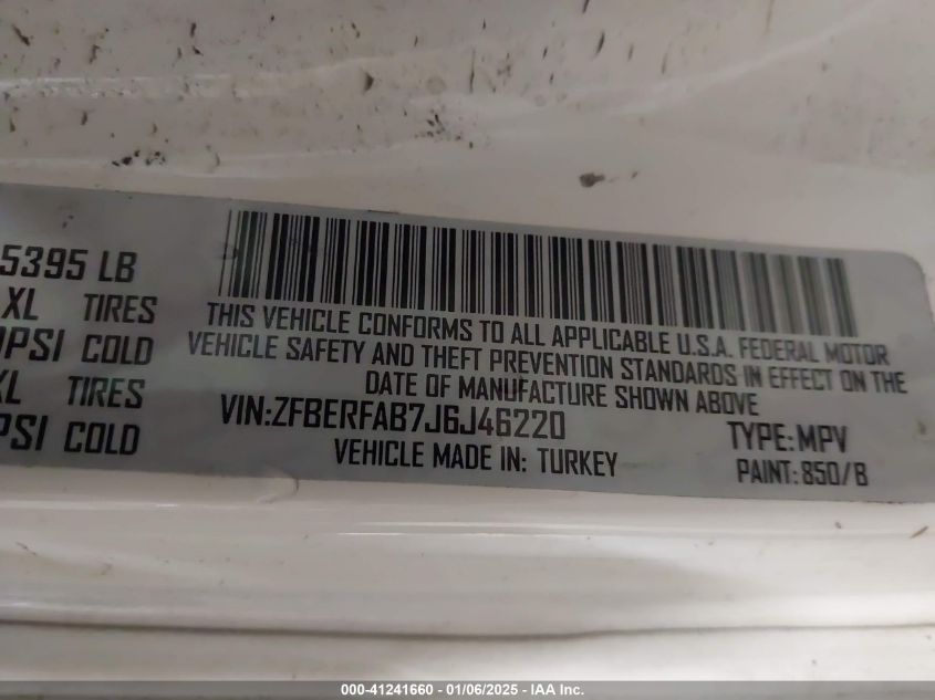 2018 Ram Promaster City Tradesman VIN: ZFBERFAB7J6J46220 Lot: 41241660