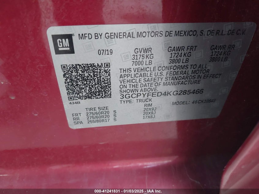 2019 CHEVROLET SILVERADO 1500 VIN: 3GCPYFED4KG285466