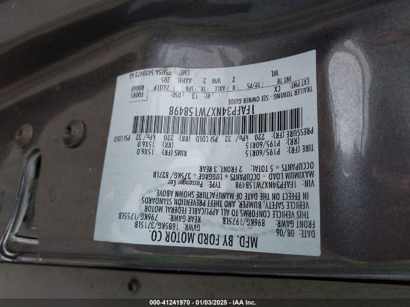 2007 Ford Focus S/Se/Ses VIN: 1FAFP34NX7W15849 Lot: 41241970