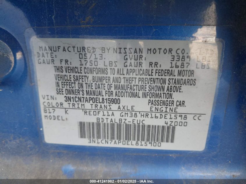 VIN 3N1CN7AP0EL815900 2014 NISSAN VERSA no.9