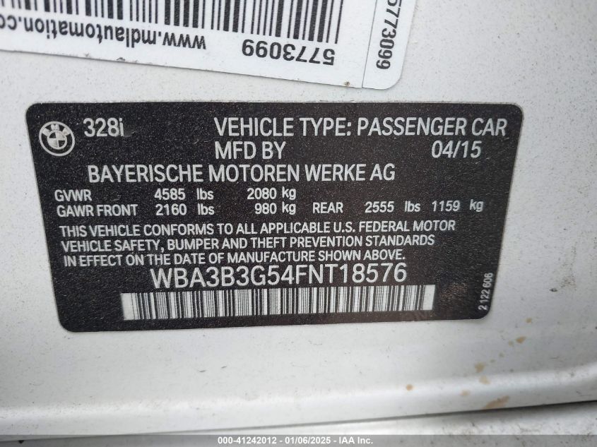 VIN WBA3B3G54FNT18576 2015 BMW 3 Series, 328I Xdrive no.9