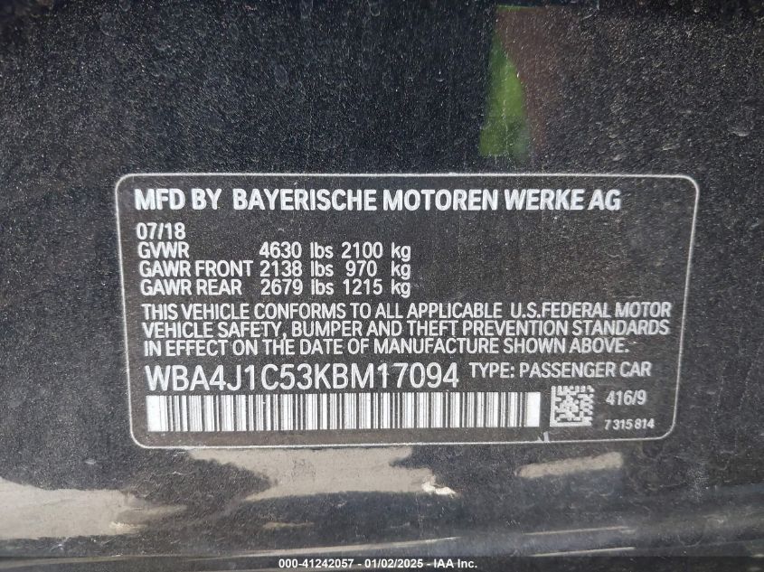 VIN WBA4J1C53KBM17094 2019 BMW 430I no.9