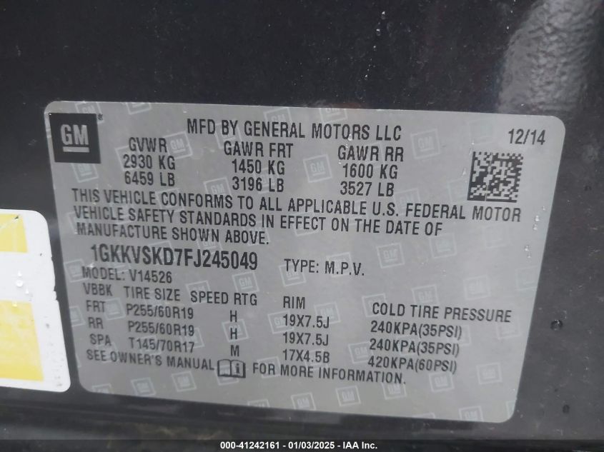 VIN 1GKKVSKD7FJ245049 2015 GMC Acadia, Slt-2 no.9