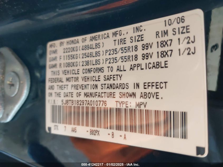 2007 Acura Rdx VIN: 5J8TB18297A010776 Lot: 41242217