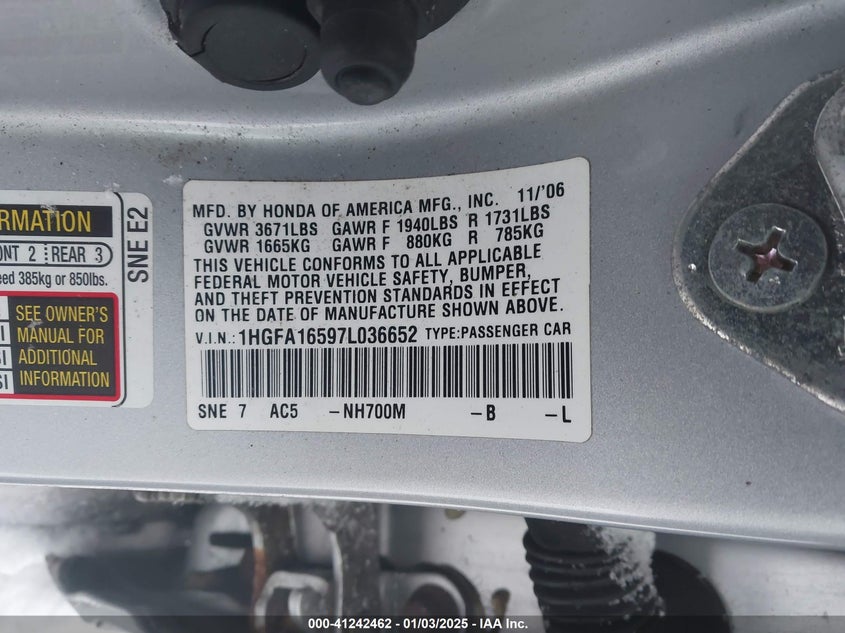 2007 HONDA CIVIC VIN: 1HGFA16597L036652