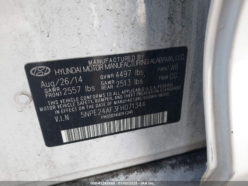 VIN 5NPE24AF3FH071344 2015 Hyundai Sonata, SE no.9