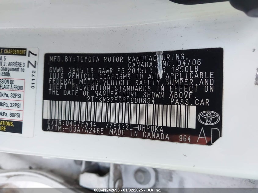 2006 TOYOTA MATRIX VIN: 2T1KR32E96C600894