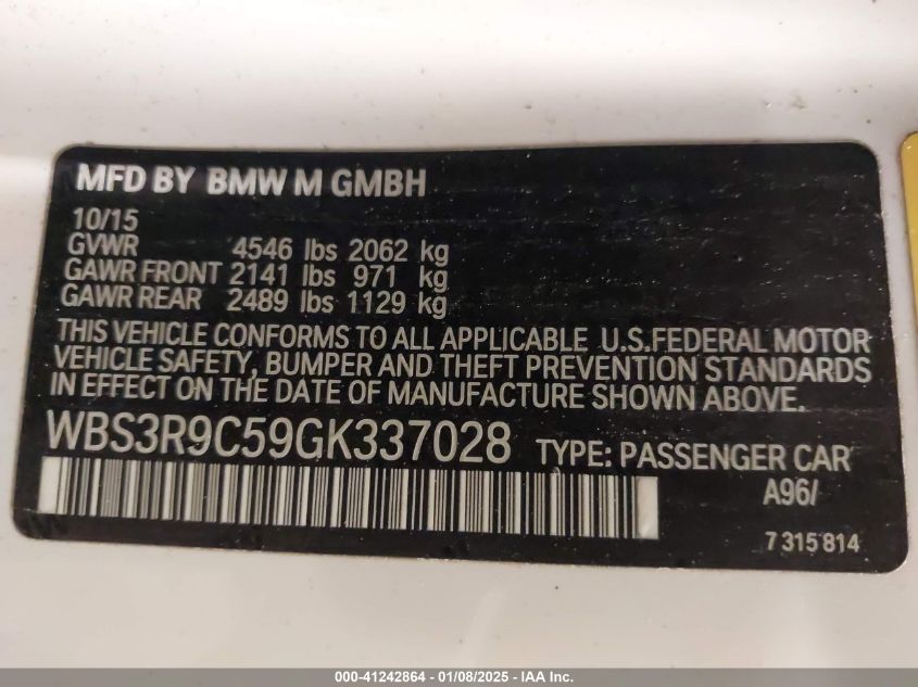 2016 BMW M4 VIN: WBS3R9C59GK337028 Lot: 41242864