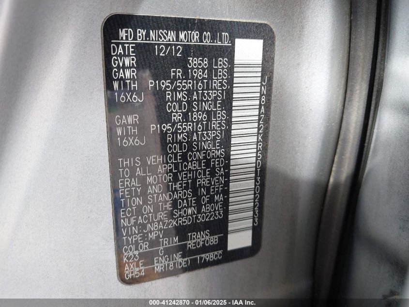 2013 Nissan Cube S/Sl VIN: JN8AZ2KR5DT30223 Lot: 41242870