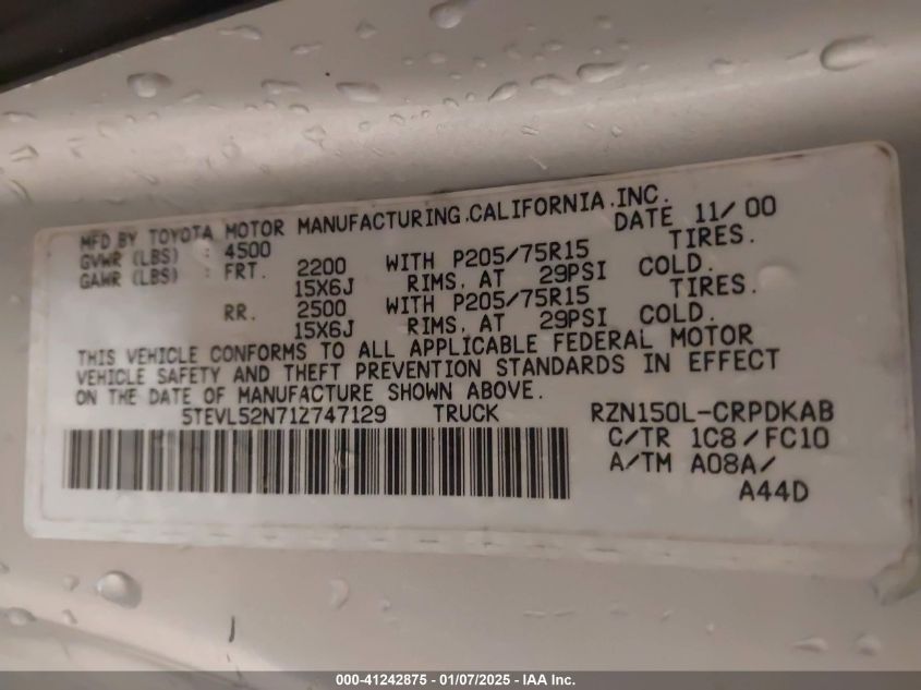 2001 Toyota Tacoma VIN: 5TEVL52N71Z747129 Lot: 41242875