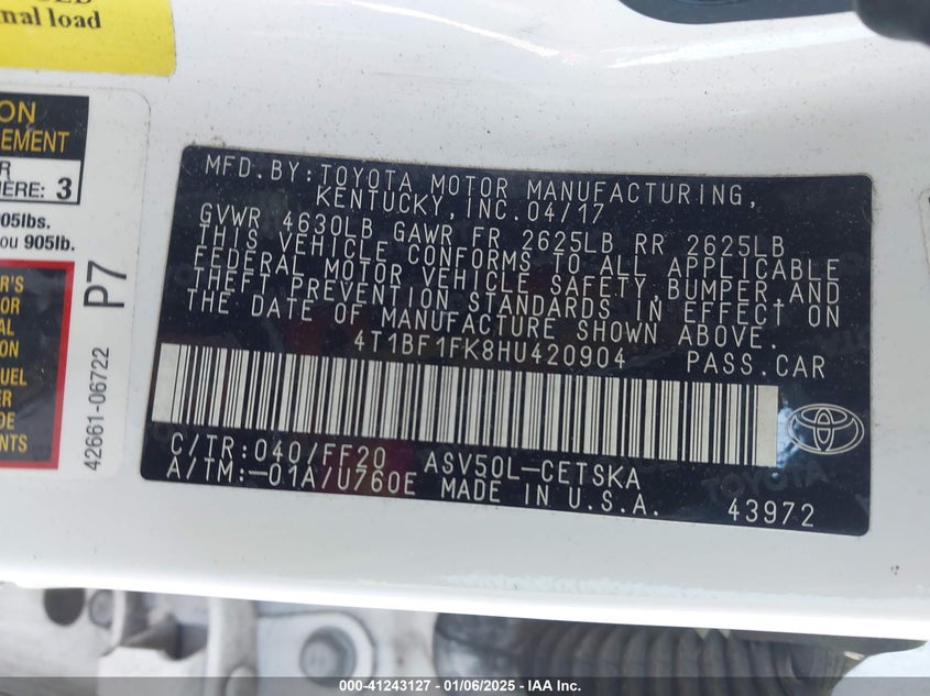 2017 TOYOTA CAMRY VIN: 4T1BF1FK8HU420904