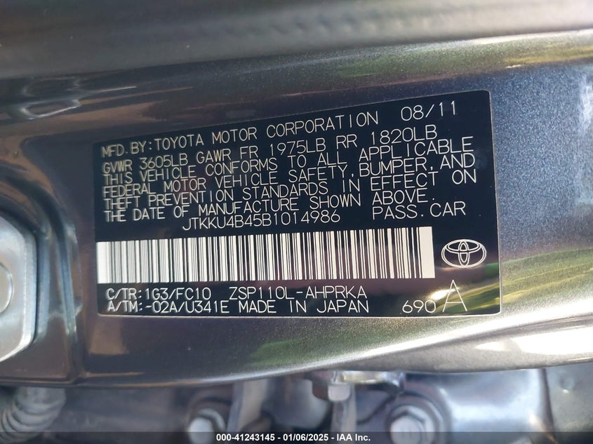 2011 TOYOTA SCION XD VIN: JTKKU4B45B1014986