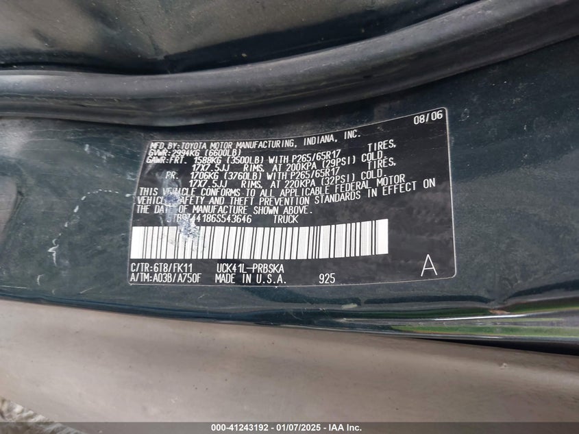 2006 TOYOTA TUNDRA VIN: 5TBDT44186S543646