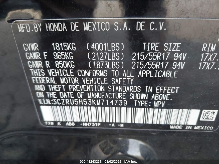 VIN 3CZRU5H53KM714739 2019 HONDA HR-V no.9