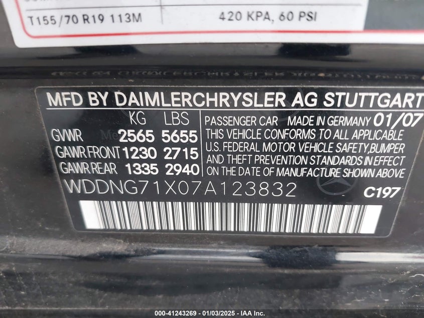 2007 MERCEDES-BENZ S CLASS VIN: WDDNG71X07A123832