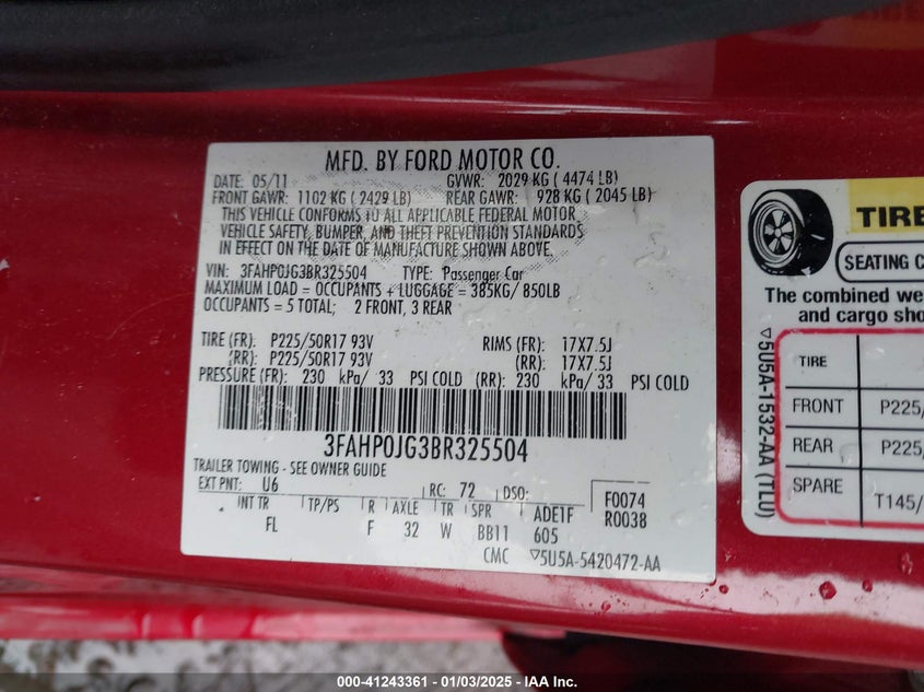 2011 FORD FUSION VIN: 3FAHP0JG3BR325504