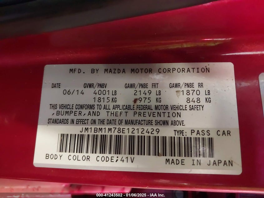 2014 MAZDA MAZDA3 VIN: JM1BM1M78E1212429