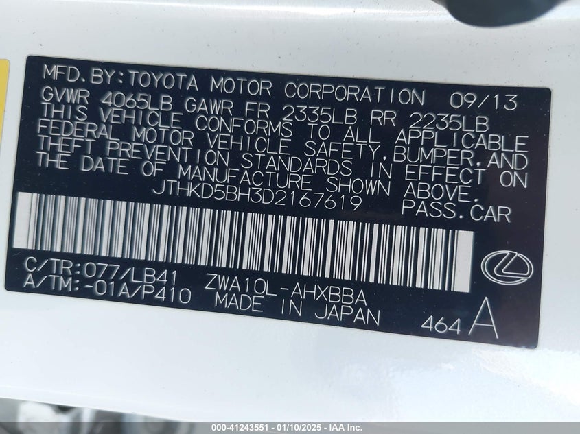 2013 LEXUS CT 200H VIN: JTHKD5BH3D2167619