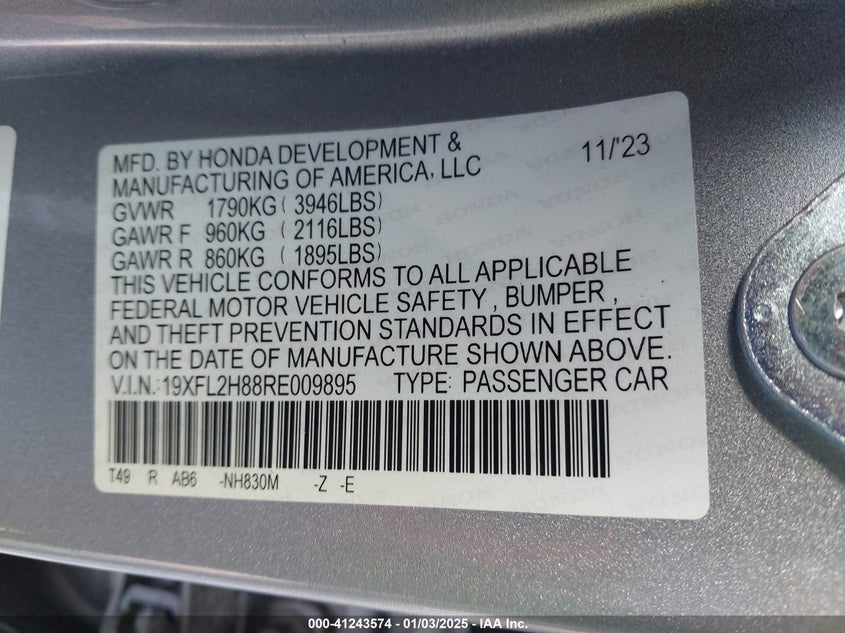 2024 HONDA CIVIC VIN: 19XFL2H88RE009895