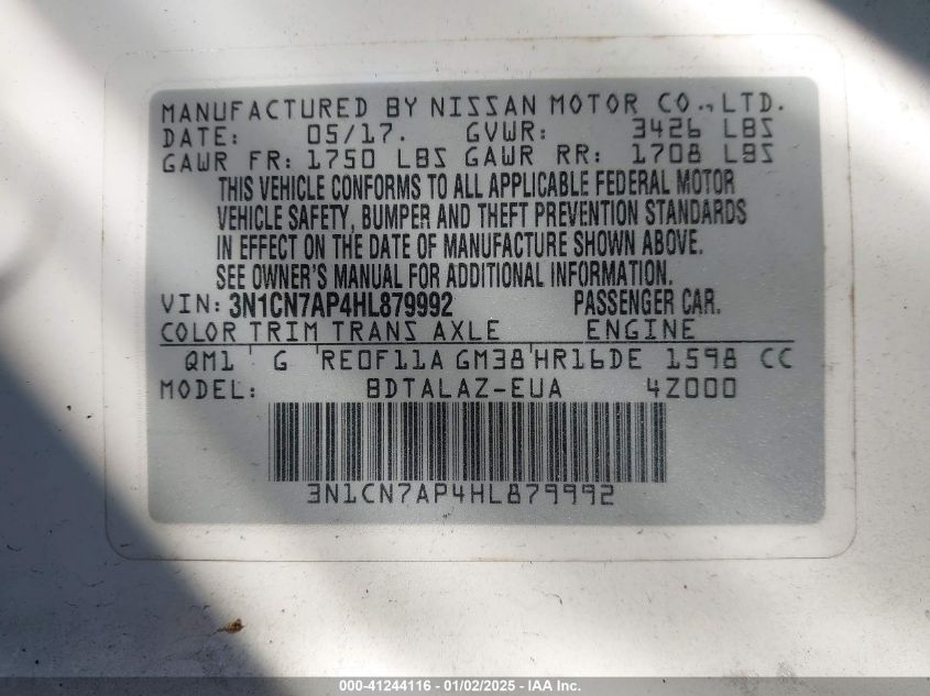 2017 Nissan Versa 1.6 S+ VIN: 3N1CN7AP4HL879992 Lot: 41244116
