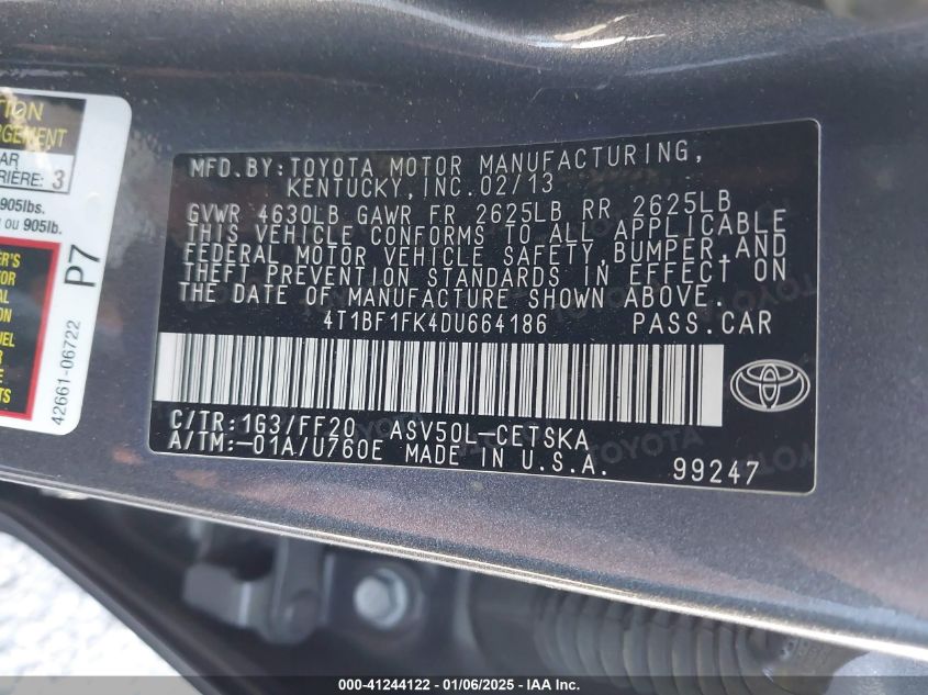 VIN 4T1BF1FK4DU664186 2013 Toyota Camry, SE no.9