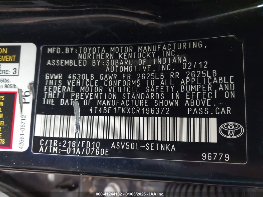2012 TOYOTA CAMRY VIN: 4T4BF1FKXCR196372