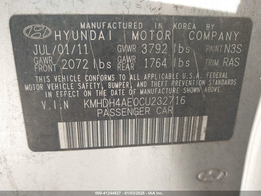 2012 HYUNDAI ELANTRA VIN: KMHDH4AE0CU232716