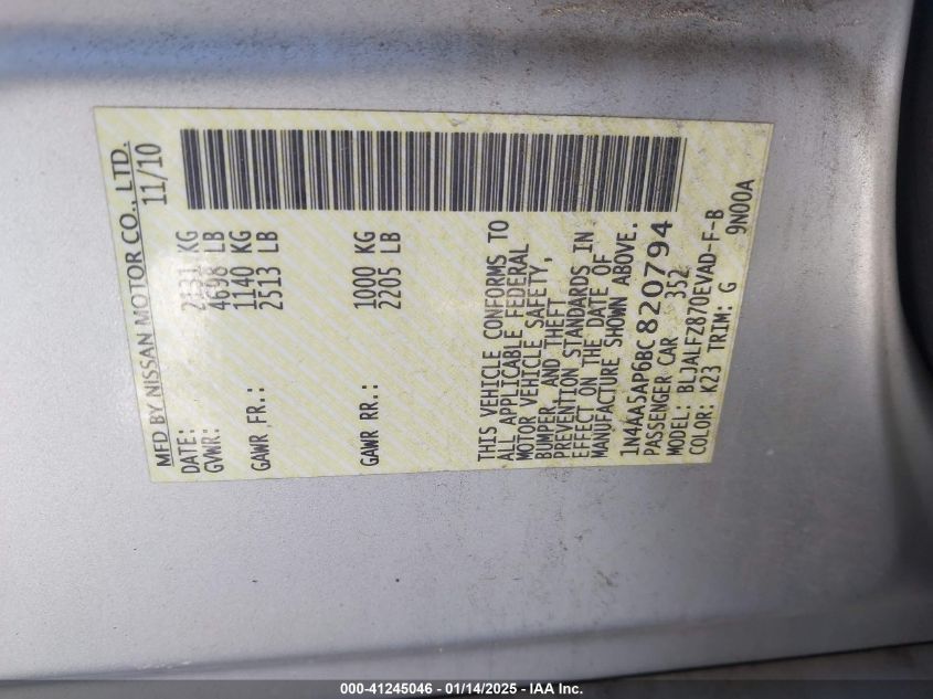 2011 Nissan Maxima S/Sv VIN: 1N4AA5AP6BCH20794 Lot: 41245046