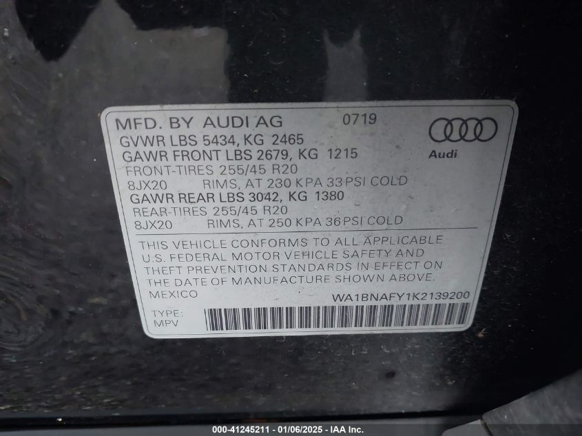 VIN WA1BNAFY1K2139200 2019 Audi Q5, 45 Premium no.9