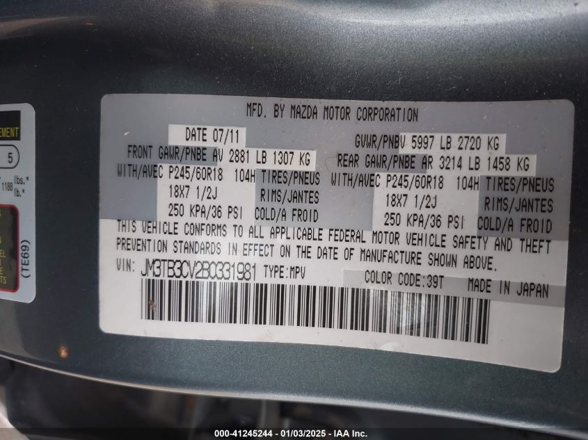 2011 Mazda Cx-9 Touring VIN: JM3TB3CV2B0331981 Lot: 41245244