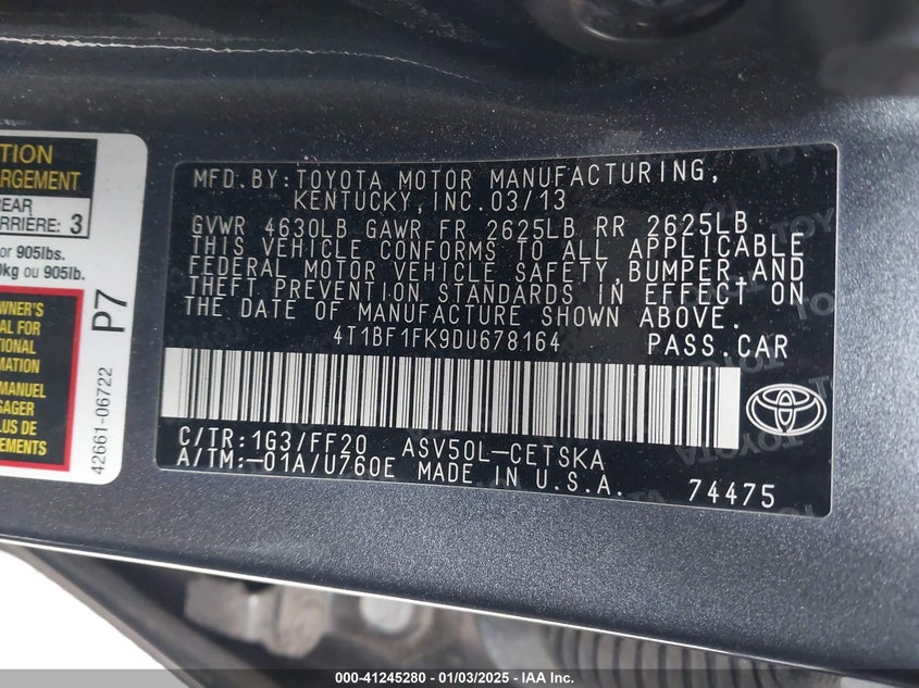 2013 TOYOTA CAMRY VIN: 4T1BF1FK9DU678164