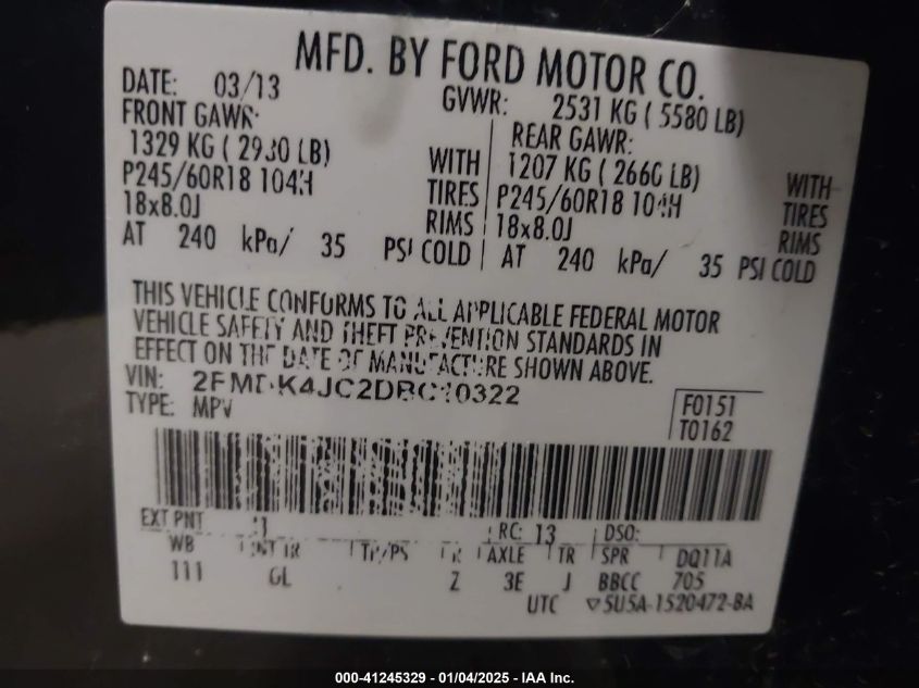 VIN 2FMDK4JC2DBC10322 2013 FORD EDGE no.9