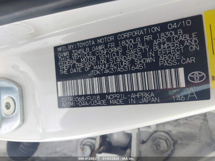 2010 Toyota Yaris VIN: JTDKT4K37A5316451 Lot: 41245377