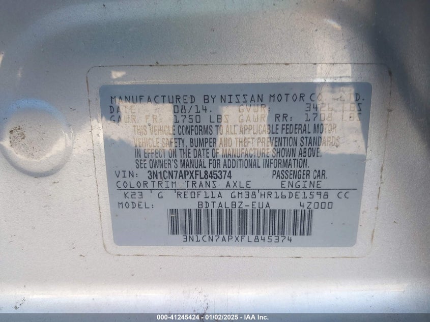 2015 NISSAN VERSA VIN: 3N1CN7APXFL845374