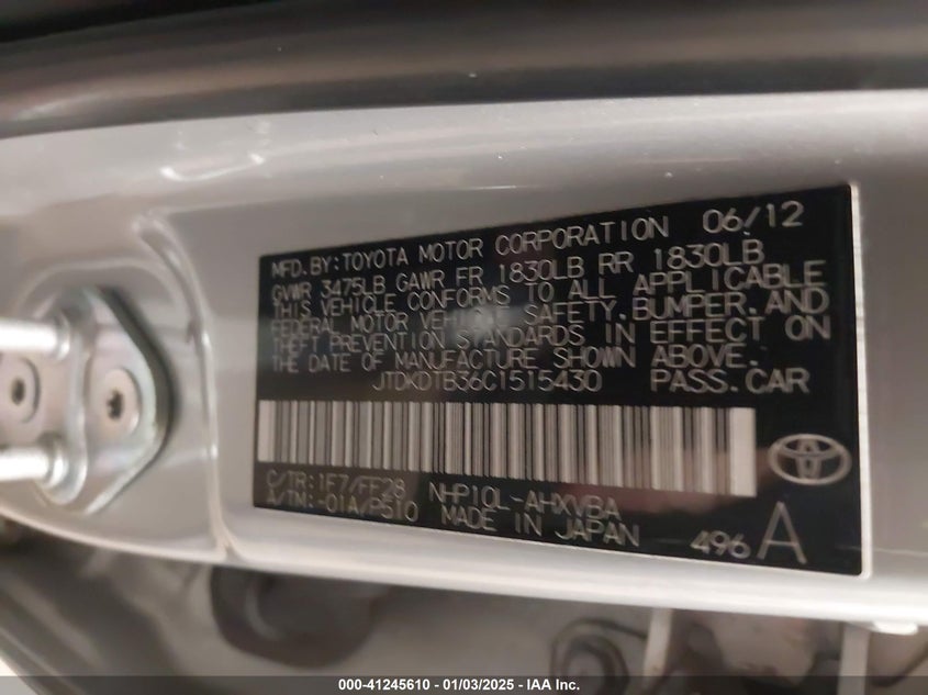 2012 TOYOTA PRIUS C VIN: JTDKDTB36C1515430