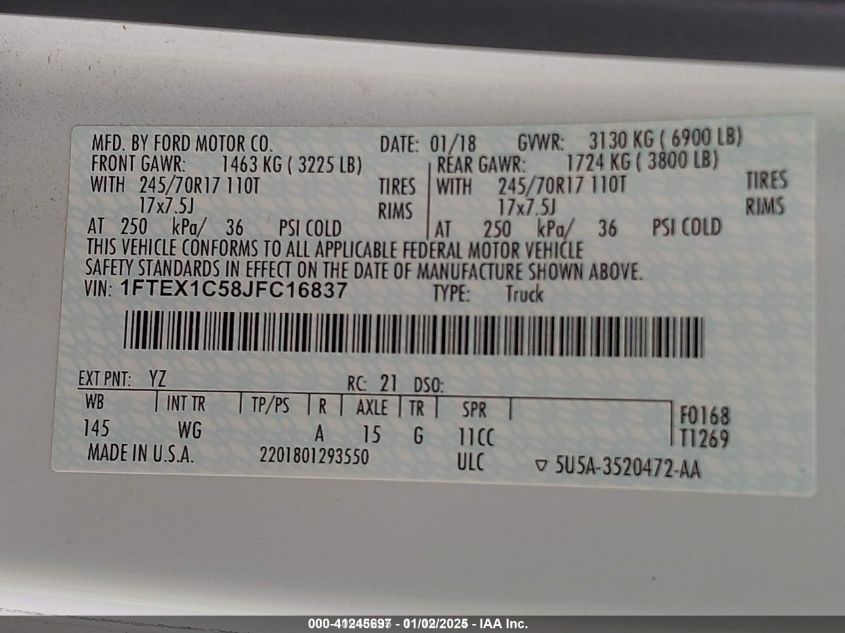 2018 Ford F-150 Xl VIN: 1FTEX1C58JFC16837 Lot: 41245697