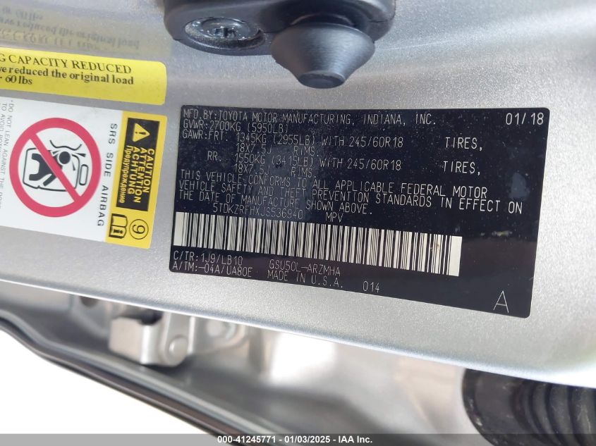 2018 Toyota Highlander Xle VIN: 5TDKZRFHXJS536940 Lot: 41245771