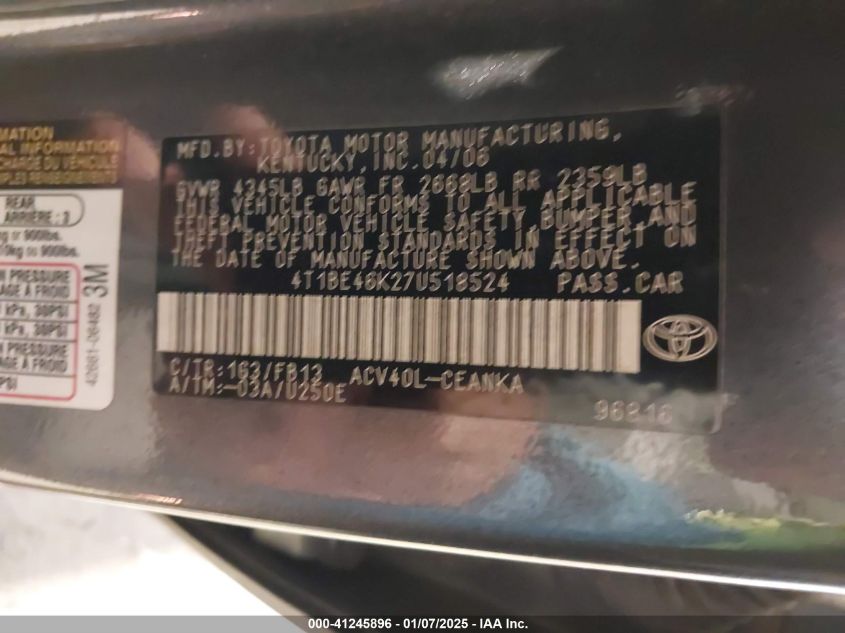 2007 Toyota Camry Le VIN: 4T1BE46K27U18524 Lot: 41245896