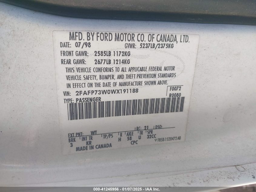 1998 Ford Crown Victoria VIN: 2FASP73W0WX191188 Lot: 41245956