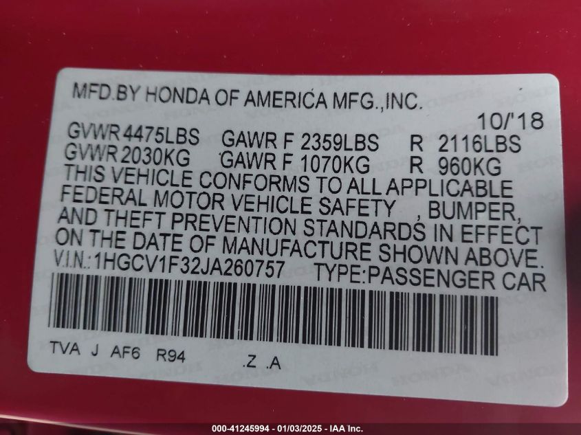 VIN 1HGCV1F32JA260757 2018 HONDA ACCORD no.9