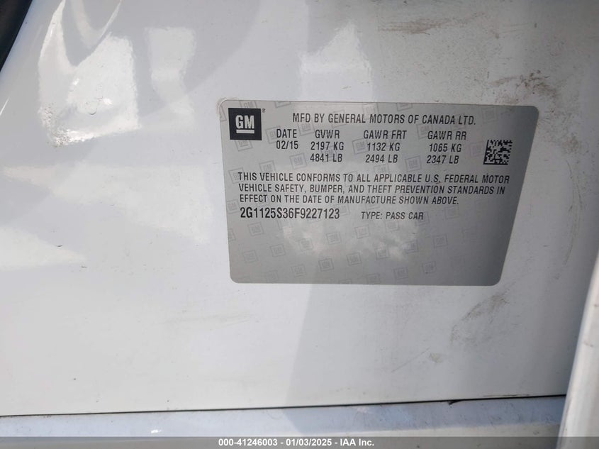 2015 CHEVROLET IMPALA VIN: 2G1125S36F9227123