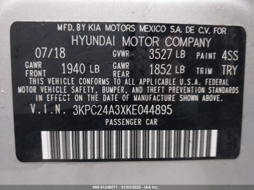 VIN 3KPC24A3XKE044895 2019 HYUNDAI ACCENT no.9