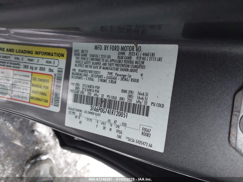 2014 FORD FUSION VIN: 3FA6P0G74ER120051