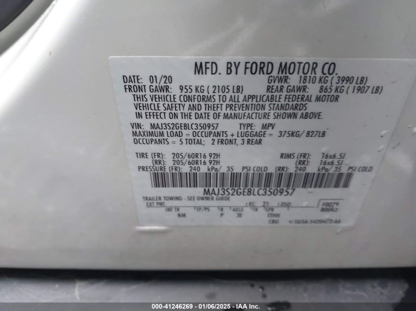 2020 Ford Ecosport Se VIN: MAJ3S2GE8LC350957 Lot: 41246269