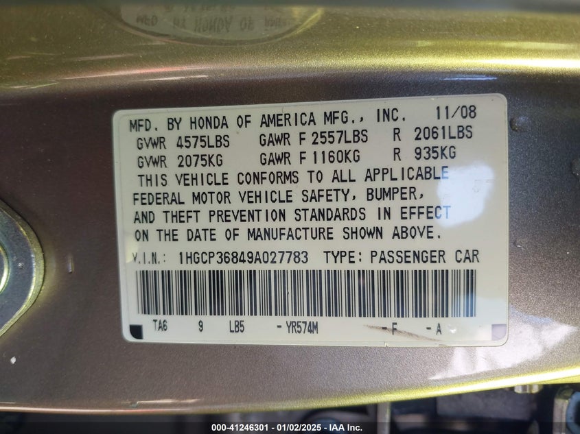 2009 HONDA ACCORD VIN: 1HGCP36849A027783