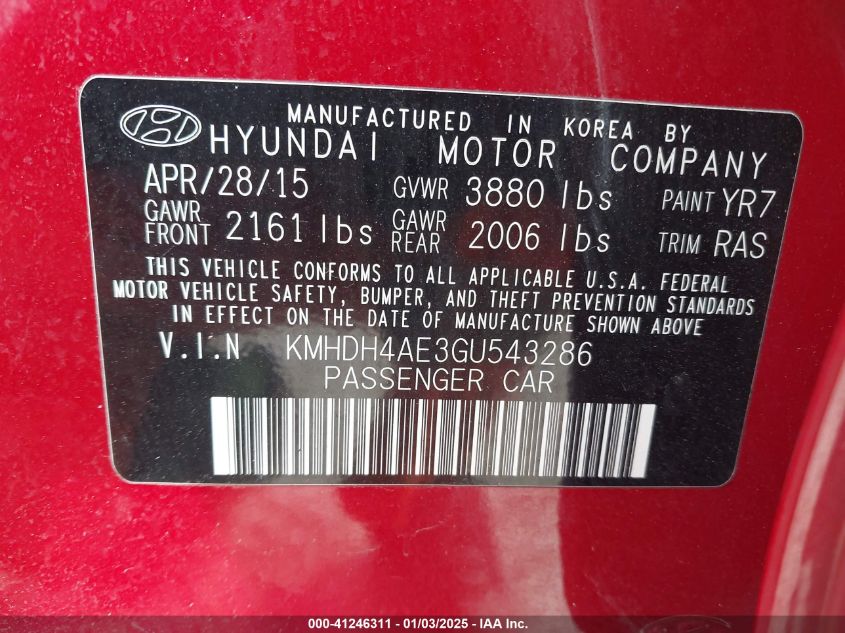 VIN KMHDH4AE3GU543286 2016 HYUNDAI ELANTRA no.9